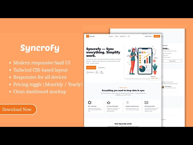 Syncrofy – Modern SaaS Landing Page UI (Tailwind CSS) | Full Website Preview + Free Download