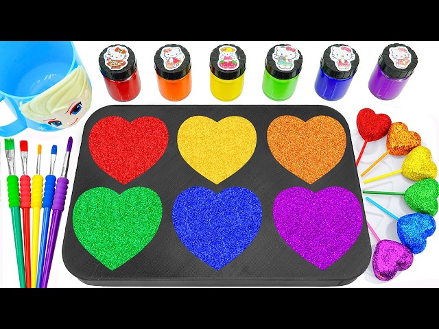 Satisfying Video l How To Make Rainbow Lollipop Candy PILOT Paint Green Cup & 6 HEARTS Glitter ASMR