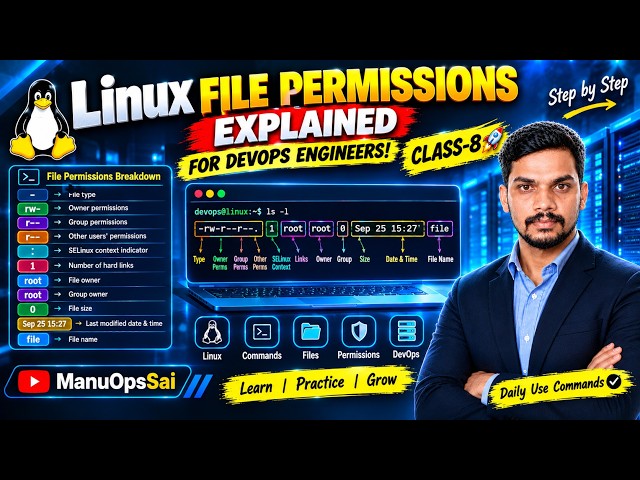 Class-8 | Linux File Permissions Explained 🔥 | -rw-r--r-- Explained | DevOps Linux | #Linux #devops