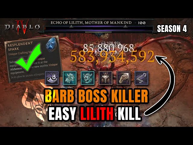 EASY Boss Killer Ubers & Lilith - Bash Barb Build Season 4 Diablo 4