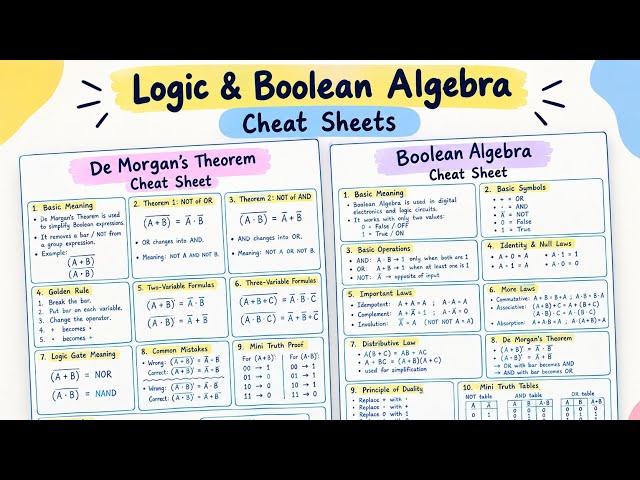 Boolean Algebra & De Morgan’s Theorem Cheat Sheet | Digital Logic Study Notes