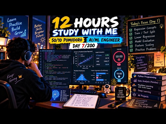 Day 7/200 — 12 Hours Study With Me | 50/10 Pomodoro | AI/ML Engineer Journey