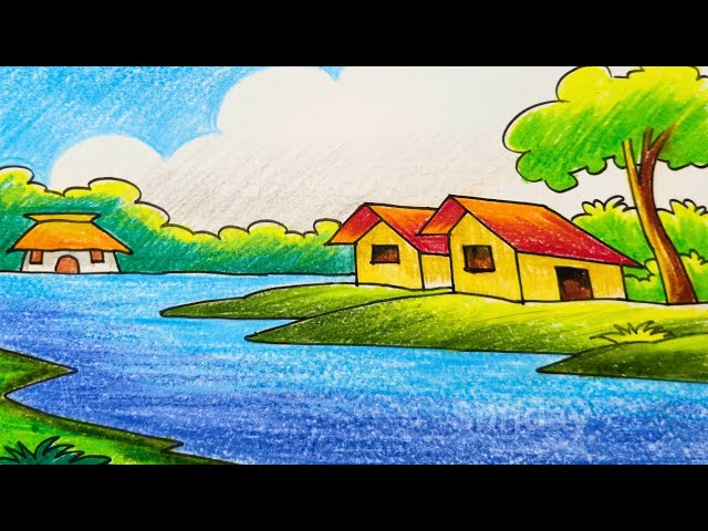 village scene drawing easy/village colour/গ্রামের দৃশ্য আঁকা ও রং করা