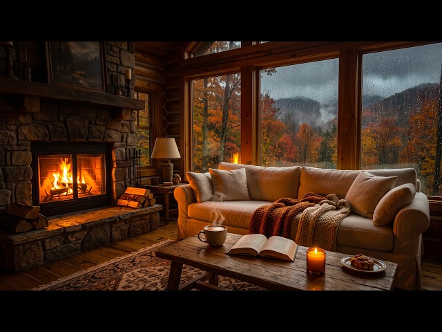 Autumn Rain & Cozy Jazz 🍂☕ Fireplace Ambience | Relaxing Music for Sleep, Study & Work