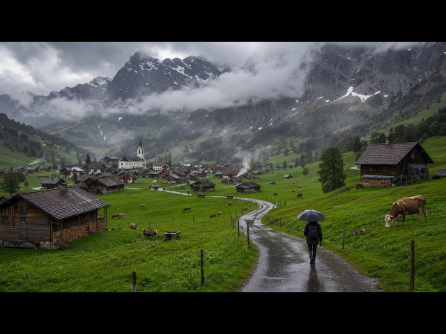 Rainy Morning in the Swiss Alps 🇨🇭 | Immersive Village Walk 4K