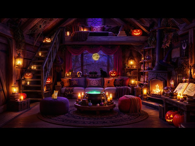 A Quiet Fall Night in a Witch’s Cozy Room 🔮🎃 Soft Jazz, Fireplace Glow & Halloween Magic to Unwind