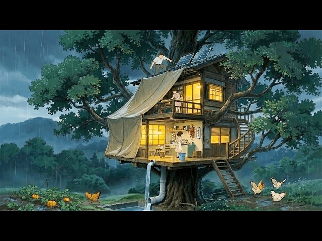 Living with family in a tree trunk during a storm 🌧️ Ghibli Style Video
