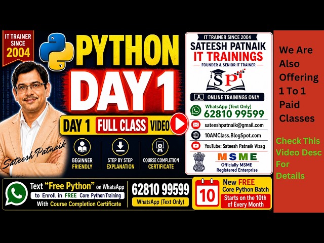 FREE Python Day 1 Recorded Class | Complete Beginner Tutorial in Telugu | Sateesh Patnaik IT Trai...