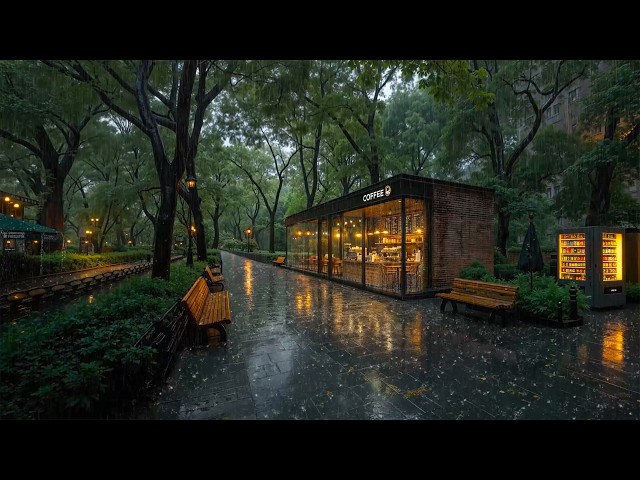 Quiet Rainy Park Coffee Shop with Nostalgic Piano Jazz 🌧️ Rain Sounds for Deep Focus & Reflection ☕