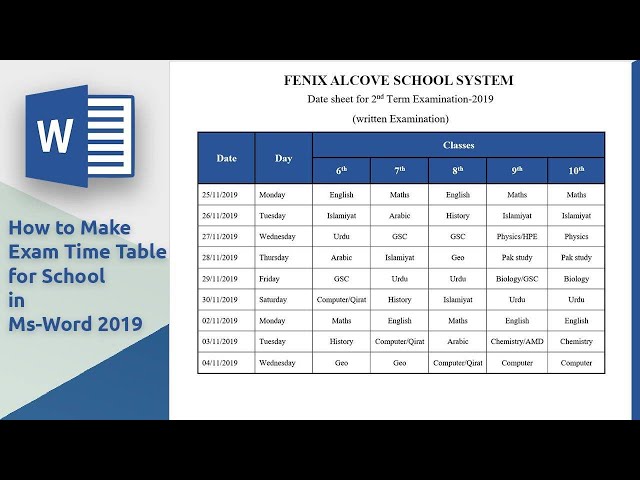 How to Make Exam Time Table for School in Ms-word 2019