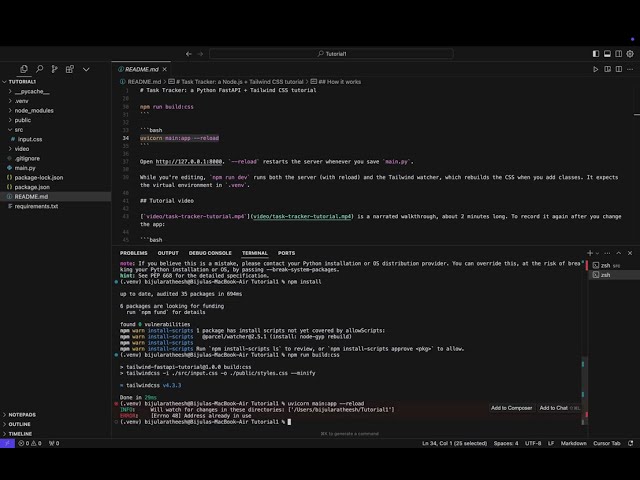 Build a task tracker app using NODE.js, Python, FastAPI and Tailwind