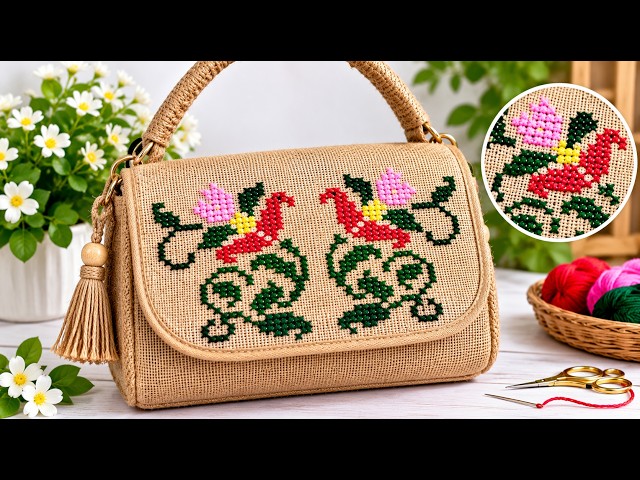 Beautiful Cross Stitch Embroidery on Jute Bag | Easy Bird Design Tutorial 