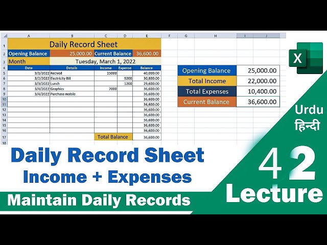 How to Create Daily Expenses and Income Record Sheet in MS Excel  Record Sheet In Excel Urdu Hindi