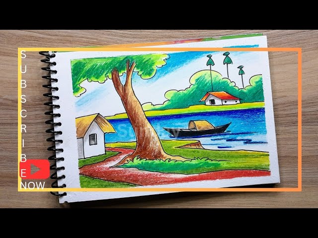 how to draw a riverside village scenery drawing- a  rainbow scenery drawing - most easy steps