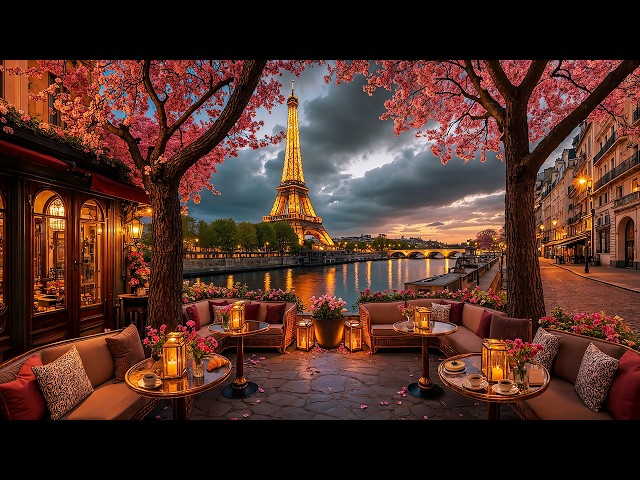 April Evening Jazz in Paris ☕ Cherry Blossom Café Ambience & Relaxing Jazz Music for Study & Work