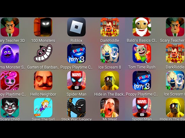 Ice Scream 8,Grimace Monster,Scary Child,Poppy Playtime Chapter 3,Garten Of Banban 4,Mr Meat,Roblox