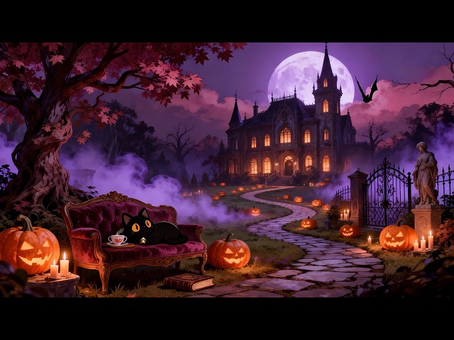 Magical Halloween Castle 🎃 Lofi Cat | Relaxing Lofi Music [Full Moon & Cozy Night Ambience]