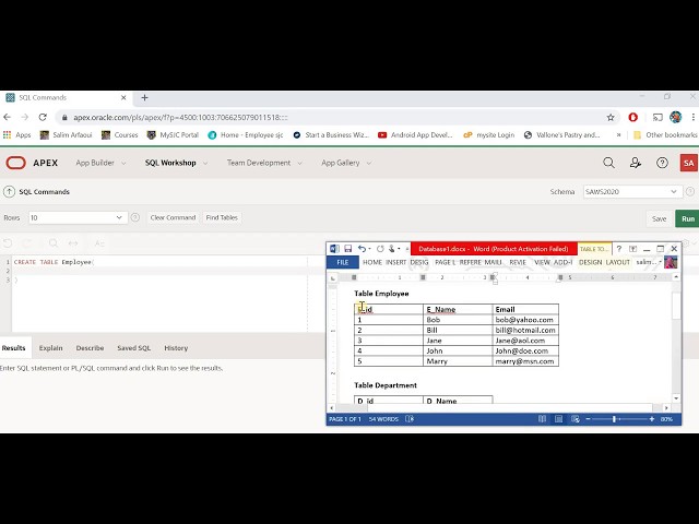 APEX Oracle SQL Create Tables