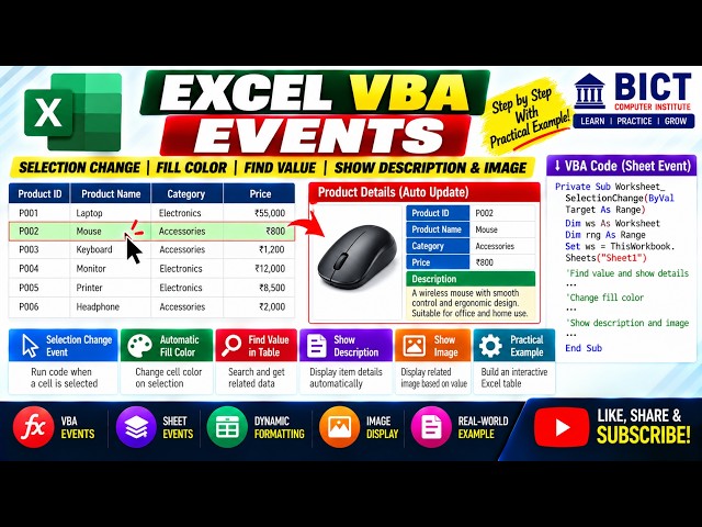 Excel VBA Events  Worksheet SelectionChange, Dynamic Fill Color, Find Value & Image Display