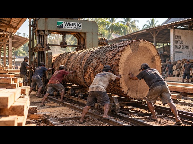 What an Amazing Process! Cutting a Giant Teak Log with a Powerful Vertical Bandsaw to Valuable Board