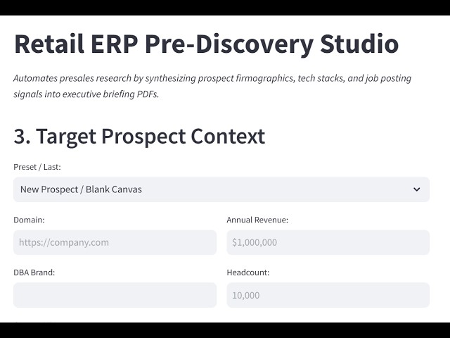 Retail ERP Pre-Discovery Studio | Presales Automation & AI Integration