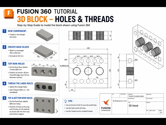 🧱 Fusion 360 3D Block Tutorial | 🔩 Holes & Threads Step-by-Step