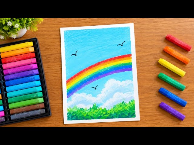 How to Draw Rainbow Landscape with Oil Pastels! 🌈 (Easy Art Tutorial)