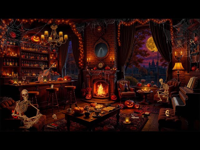 Cozy Haunted Halloween Cafe Ambience 🎃 Spooky Halloween Jazz Playlist & Fireplace Sounds for Relax