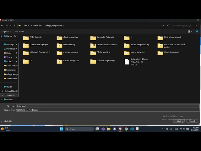 how to save a file in Vex code vr
