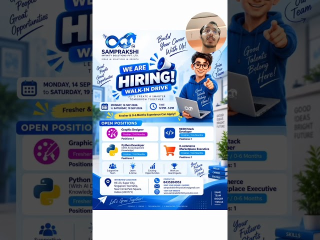 Indore Walk -in drive 14 Sep - 19 Sep |Samprakshi Infinity Solutions Hiring | Freshers | Apply Fast