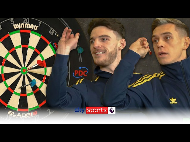 "No chance!" | Leandro Trossard calls for VAR in darts challenge against Declan Rice 😂