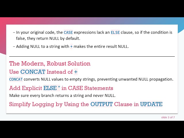 Fixing SQL Server NULL Concatenation in @ summary for History Logging