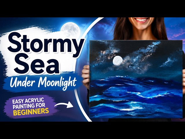 Easy Stormy Ocean Painting | Acrylic Moonlight Seascape for Beginners
