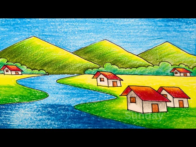 village scene drawing/mountain village scene drawing/গ্রামের দৃশ্য আঁকা ও রং করা