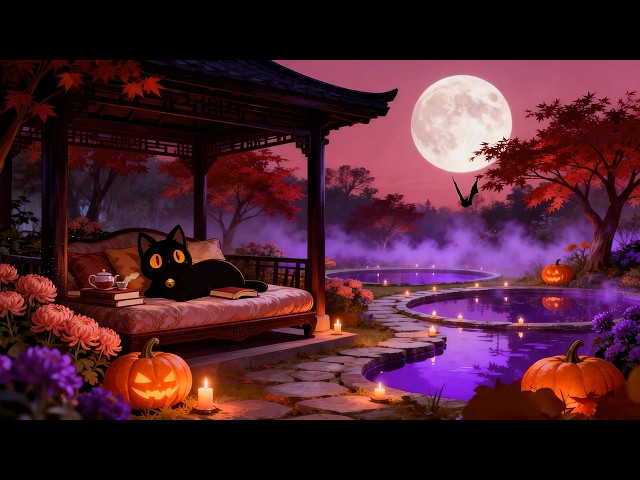 Mystical Pumpkin Garden 🎃 Lofi Cat | Relaxing Lofi Music [Moonlight, Candle Glow & Autumn Forest]