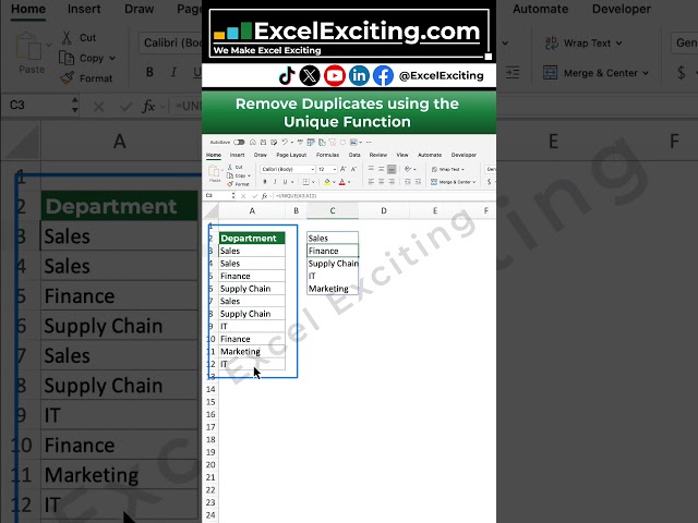 Excel Trick# 33 – Remove Duplicates Using the UNIQUE Function