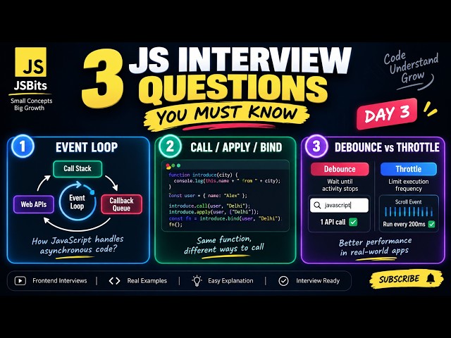 JavaScript Interview Questions Day 3 | Event Loop, Call vs Apply vs Bind, Debounce & Throttle