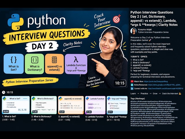 🐍 Python Interview Questions Day 2 | Set, Dictionary, append() vs extend(), Lambda, *args & **kwargs