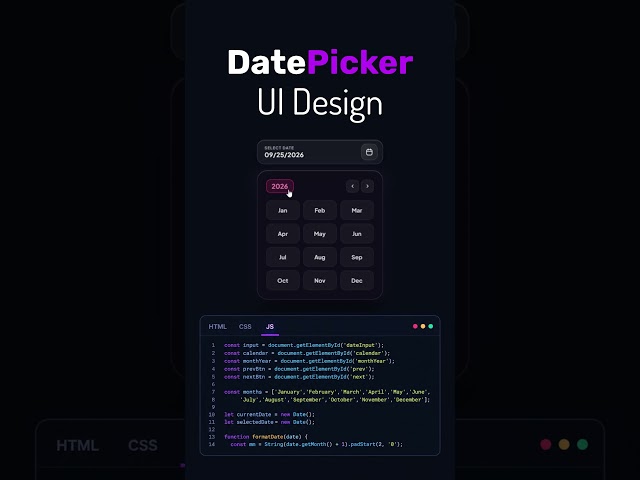 Datepicker UI Design with HTML CSS & JavaScript 📅 | #shorts