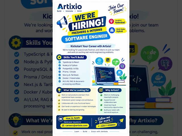 🚀 Artixio Hiring Freshers & Interns | Software Engineer | Hyderabad | Hybrid
