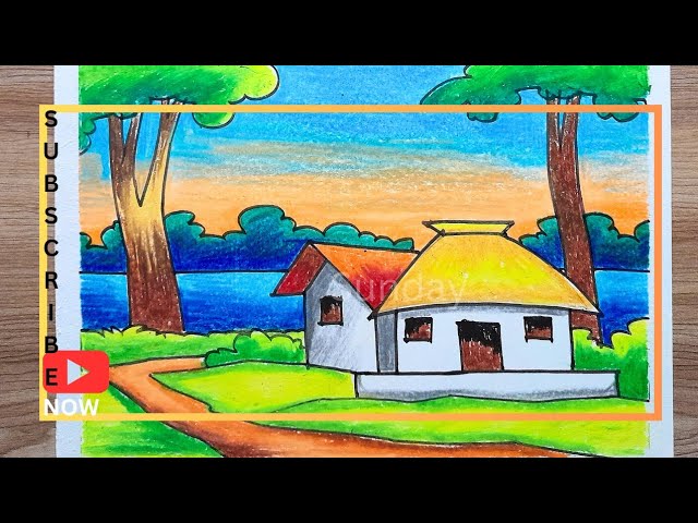 scenery/village scenery drawing with oil pastel/nature drawing most easy steps