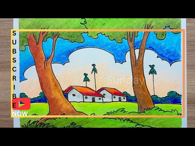 how to draw a beautiful village scenery drawing-oil pastel/scenery drawing/easy landscape drawing