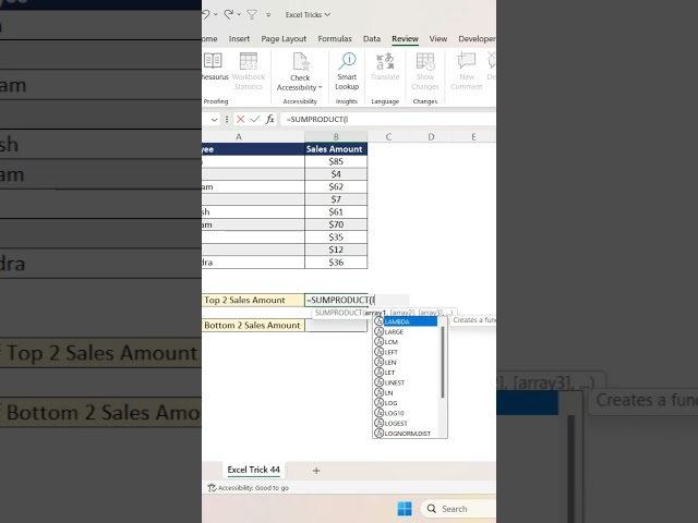 Excel Trick 44  - How to get sum of Top N and Bottom N values in MS Excel #shorts