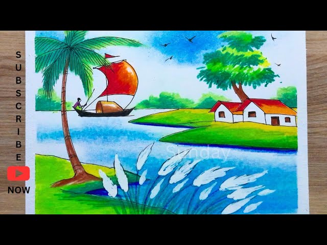 শরৎকালের দৃশ্য ড্রয়িং/Riverside Autumn village scene drawing with boat/autumn scenery drawing