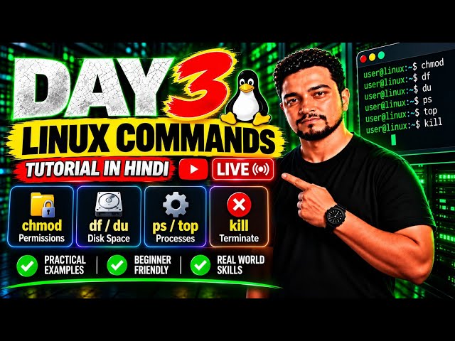🔴 LIVE: Linux Commands Tutorial 🔥 DAY 3 | chmod, df, du, ps, top, kill | Linux Training