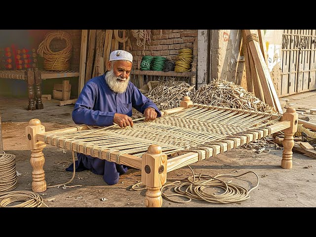 Traditional Rope Bed Making | Wonderful Designed Nylon Rope Cot Weaving By Old Man!