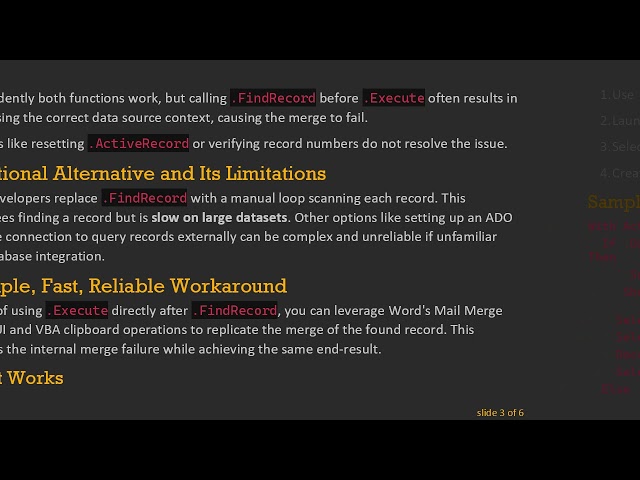 Solving Word VBA MailMergeDataSource .FindRecord and .ExecuteMerge Conflicts