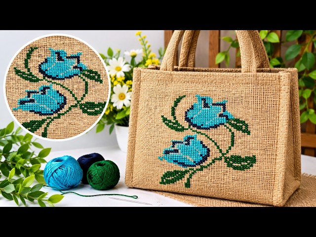 Beautiful Cross Stitch on Jute Bag | Easy Hand Embroidery Design | DIY Jute Bag 