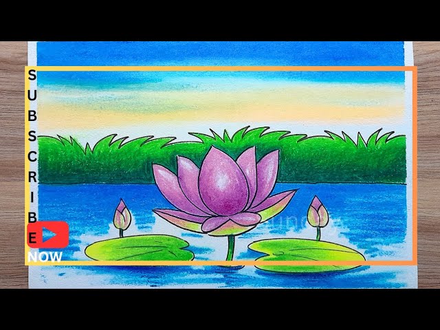 Lotus scenery drawing/Autumn season drawing /Sunset lotus village scene drawing গ্রামের দৃশ্য