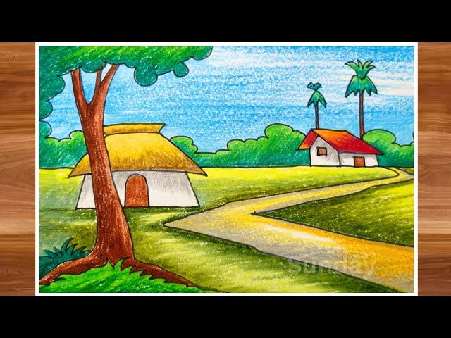 village scenery drawing/oil pastel drawing-/oil pastel for beginners - step by step